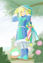 Rule 34 | 1boy, absurdres, blue raincoat, blurry, blurry foreground, boots, closed umbrella, coat, day, flower, frog, hands up, highres, hood, hooded coat, mittens, motimoti mgmg, otomo (puyopuyo), outdoors, puyopuyo quest, rain, rubber boots, solo, tree, umbrella, water drop, wet, yellow mittens