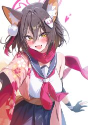 Rule 34 | 1girl, animal ears, black gloves, blue archive, blush, brown hair, commentary, cropped shirt, fang, fox ears, fox hair ornament, gloves, hair between eyes, halo, highres, izuna (blue archive), looking at viewer, midriff, neckerchief, partially fingerless gloves, red neckerchief, revision, school uniform, serafuku, simple background, skin fang, smile, solo, white background, yampa, yellow eyes