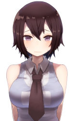Rule 34 | 1girl, arms behind back, bare shoulders, blush, breasts, brown hair, brown necktie, closed mouth, collared shirt, greentanuki, hair between eyes, highres, impossible clothes, impossible shirt, large breasts, looking at viewer, necktie, original, purple eyes, shirt, short hair, simple background, sleeveless, sleeveless shirt, solo, sweat, upper body, wavy mouth, white background, wing collar