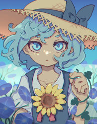 Rule 34 | 1girl, absurdres, blue dress, blue eyes, blue flower, blue hair, cirno, dress, fairy, flower, hat, highres, ice, ice wings, kame (kamepan44231), morning glory, parted lips, shirt, short hair, short sleeves, solo, straw hat, sun hat, sunflower, tanned cirno, touhou, upper body, white shirt, wings, yellow flower
