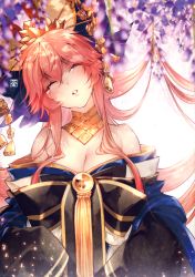 Rule 34 | 1girl, animal ears, bell, breasts, cleavage, closed eyes, collarbone, fate/grand order, fate (series), fox ears, fox tail, hair ribbon, japanese clothes, large breasts, looking at viewer, multiple girls, off shoulder, official alternate costume, pink hair, ribbon, solo, tail, tamamo (fate), tamamo no mae (fate/extra), tamamo no mae (third ascension) (fate), tears, yunomitootya
