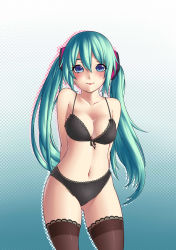 Rule 34 | 1girl, absurdres, aqua hair, arms behind back, bad id, bad pixiv id, blue eyes, bra, hatsune miku, highres, long hair, looking at viewer, naidong (artist), navel, panties, solo, thighhighs, twintails, underwear, underwear only, vocaloid