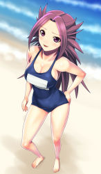 Rule 34 | 10s, 1girl, beach, breasts, cleavage, hand on own hip, highres, jun&#039;you (kancolle), kantai collection, large breasts, light smile, long hair, muhi11234, one-piece swimsuit, purple eyes, purple hair, red eyes, red hair, sand, school swimsuit, solo, swimsuit, thighs, very long hair