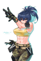 Rule 34 | 1girl, abs, artist name, text background, biceps, blue eyes, blue hair, breasts, camouflage, camouflage pants, cleavage, covered erect nipples, dog tags, earrings, gloves, hair over one eye, highres, jewelry, leona heidern, looking at viewer, looking away, midriff, muscular, muscular female, navel, pants, pouch, sakura mafumi, sleeveless, snk, solo, tank top, the king of fighters, the king of fighters xiv, the king of fighters xv, triangle earrings, yellow tank top