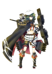 Rule 34 | 10s, 1girl, aiguillette, ammunition belt, asymmetrical footwear, bad id, bad pixiv id, blush, boots, brown gloves, cape, eyepatch, full body, gloves, green eyes, green hair, hat, kantai collection, kiso (kancolle), kiso kai ni (kancolle), long hair, looking at viewer, machinery, matching hair/eyes, midriff, mismatched footwear, neckerchief, pleated skirt, sailor collar, sailor hat, school uniform, serafuku, simple background, skirt, solo, standing, white background, white skirt, yuihira asu