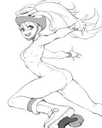 Rule 34 | 1girl, ass, bad id, bad pixiv id, breasts, cleanerjay, cleft of venus, creatures (company), fingerless gloves, fingernails, game freak, gloves, greyscale, hair between eyes, hair through headwear, helmet, highres, inline skates, korrina (pokemon), long hair, looking at viewer, monochrome, motion lines, navel, nintendo, nipples, nude, open mouth, perky breasts, pokemon, pokemon xy, pussy, roller skates, round teeth, simple background, skates, sketch, small breasts, smile, solo, teeth, tongue, uncensored, upper teeth only, white background, wristband