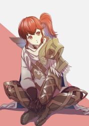Rule 34 | 1girl, :o, aduti momoyama, anna (fire emblem), armor, black gloves, brown footwear, cape, fire emblem, fire emblem heroes, gloves, hair between eyes, high collar, highres, long hair, long sleeves, nintendo, open mouth, orange eyes, pauldrons, pink background, red hair, shoulder armor, side ponytail, simple background, single pauldron, sitting, solo, two-tone background