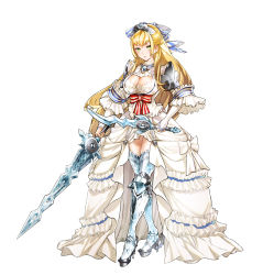 Rule 34 | 1girl, armor, armored boots, armored dress, blonde hair, boots, breasts, cendrillion (wonderland wars), dress, gown, green eyes, hair ribbon, jewelry, large breasts, long hair, ribbon, shoulder armor, solo, sword, weapon, wonderland wars