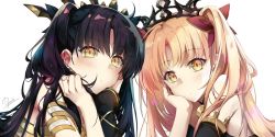 Rule 34 | 2girls, asymmetrical sleeves, bare shoulders, black hair, blonde hair, ereshkigal (fate), fate/grand order, fate (series), hair ornament, hair ribbon, hand on own cheek, hand on own face, hirai yuzuki, ishtar (fate), long hair, looking at viewer, multiple girls, ribbon, siblings, simple background, sisters, two side up, uneven sleeves, upper body, white background, yellow eyes