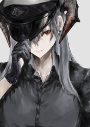 Rule 34 | absurdres, alternate costume, arknights, black gloves, black hair, black headwear, closed mouth, collared shirt, dragon horns, gloves, grey hair, hair over one eye, hat, highres, horns, kajuu, long hair, looking at viewer, official alternate costume, peaked cap, red eyes, saria (arknights), saria (the law) (arknights), shirt, simple background, upper body, white background