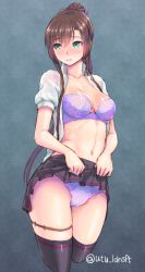 Rule 34 | 10s, 1girl, black thighhighs, blush, bra, breasts, brown hair, cleavage, clothes lift, cowboy shot, embarrassed, female focus, green eyes, hair ribbon, highres, kirasaka sayaka, large breasts, lifted by self, long hair, navel, open clothes, open shirt, panties, ponytail, purple bra, purple panties, ribbon, shirt, simple background, skirt, skirt lift, solo, strike the blood, thighhighs, underwear, utu (ldnsft)