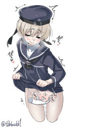 Rule 34 | 1girl, ascot, blush, breath, brown hair, character name, closed eyes, closed mouth, clothes lift, cowboy shot, cropped legs, dress, dress lift, ebifurya, fingering, groin, hair between eyes, hat, heart, highres, kantai collection, lifting own clothes, long sleeves, no panties, pale skin, pussy, pussy juice, sailor dress, sailor hat, short hair, simple background, solo, solo focus, tears, trembling, twitter username, white background, x-ray, z1 leberecht maass (kancolle)