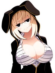 Rule 34 | 1girl, animal hood, black eyes, blonde hair, blush stickers, breasts, cleavage, collarbone, frown, glasses, head tilt, hood, large breasts, looking at viewer, original, shirt, short hair, simple background, solo, striped clothes, striped shirt, torigoe takumi, unbuttoned, white background