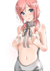 Rule 34 | 1girl, backless dress, backless outfit, bare shoulders, blue eyes, blue nails, blush, breasts, character request, copyright request, covering privates, covering breasts, dress, flying sweatdrops, halterneck, highres, large breasts, looking at viewer, low twintails, meme attire, murabito c, nail polish, naked sweater, navel, parted lips, ribbed sweater, simple background, solo, sweatdrop, sweater, sweater dress, turtleneck, turtleneck sweater, twintails, upper body, virgin killer sweater, wardrobe error, white background