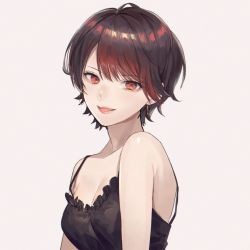 Rule 34 | 1girl, bare shoulders, black shirt, breasts, brown hair, camisole, cleavage, earrings, frilled shirt, frills, grey background, highres, jewelry, looking at viewer, medium breasts, open mouth, original, red eyes, shirt, shore, short hair, simple background, sinomi, solo, upper body