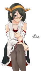 Rule 34 | 1girl, bare shoulders, black hair, black skirt, blush, boots, crossed legs, cup, detached sleeves, drinking glass, drunk, green-framed eyewear, green eyes, headgear, highres, holding, holding cup, kantai collection, kirishima (kancolle), kirishima kai ni (kancolle), looking at viewer, nontraditional miko, red wine, short hair, simple background, skirt, smile, solo, swept bangs, thigh boots, thighhighs, timato, white background, wine, wine glass