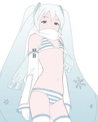 Rule 34 | 1girl, bikini, blue eyes, blue hair, breasts, covered mouth, cowboy shot, detached sleeves, doppelschwert, earmuffs, hair ornament, half-closed eyes, hatsune miku, highres, long hair, looking at viewer, mittens, navel, scarf, scarf over mouth, small breasts, snowflakes, solo, striped bikini, striped clothes, swimsuit, thighhighs, twintails, very long hair, vocaloid, yuki miku, yuki miku (2011)