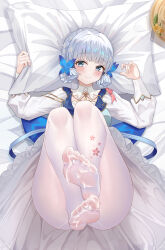 Rule 34 | 1girl, absurdres, ayaka (genshin impact), bed sheet, blue eyes, blunt tresses, blush, brown hat, butterfly hair ornament, chinese commentary, closed mouth, collar, commentary request, cum, cum on body, cum on clothes, cum on feet, dress, feet, female focus, flower, frilled dress, frills, from above, full body, genshin impact, gold trim, hair flower, hair ornament, hair rings, hat, hat flower, head on pillow, highres, kamisato ayaka, kamisato ayaka (springbloom missive), legs, legs up, long sleeves, looking at viewer, lying, mole, mole under eye, no shoes, official alternate costume, official alternate hairstyle, on back, pantyhose, pillow, pillow grab, presenting foot, puffy long sleeves, puffy sleeves, revision, see-through, see-through legwear, smile, soles, solo, styx, thighs, toes, unworn hat, unworn headwear, white collar, white flower, white hair, white pantyhose