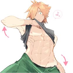 Rule 34 | 10s, 1boy, abs, arrow (symbol), black shirt, clothes lift, clothes pull, contrapposto, fate/extra, fate (series), green eyes, green pants, groin, hair over one eye, koukai kunoki, lowres, male focus, nipples, open mouth, pants, pants pull, robin hood (fate), shirt, shirt lift, simple background, solo, spiked hair, standing, tan, tank top, tanline, toned, toned male, white background