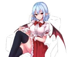Rule 34 | 1girl, armchair, bat wings, black thighhighs, blue hair, blush, bow, bowtie, breasts, brooch, chair, commentary, cup, feet out of frame, hair between eyes, holding, holding cup, jewelry, junior27016, looking at viewer, medium breasts, miniskirt, no headwear, petticoat, pointy ears, puffy short sleeves, puffy sleeves, red bow, red bowtie, red eyes, red skirt, remilia scarlet, shirt, short hair, short sleeves, sidelocks, simple background, sitting, sketch, skirt, smile, solo, teacup, thighhighs, thighs, touhou, white background, white shirt, wings, wrist cuffs, zettai ryouiki