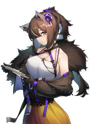 Rule 34 | 1girl, absurdres, animal ear fluff, animal ears, arknights, bare shoulders, blouse, breasts, brown hair, brown jacket, fur-trimmed jacket, fur trim, hair between eyes, highres, holding, holding knife, iku! iku!!, jacket, knife, large breasts, long hair, long sleeves, multicolored hair, off shoulder, ponytail, robin (arknights), robin (gift of wild) (arknights), shirt, sideways glance, simple background, skirt, solo, streaked hair, white background, white hair, white shirt, yellow eyes, yellow skirt