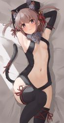 Rule 34 | 1girl, absurdres, ahoge, animal ears, armpits, arms up, bed sheet, bell, black gloves, black hairband, black leotard, black thighhighs, blush, breasts, brown hair, cat ears, cat tail, center opening, closed mouth, cosplay, elbow gloves, embarrassed, fake animal ears, fake tail, fate/kaleid liner prisma illya, fate (series), fur collar, gloves, hair bell, hair ornament, hairband, highres, illyasviel von einzbern, illyasviel von einzbern (beast style), illyasviel von einzbern (beast style) (cosplay), illyasviel von einzbern (cosplay), jingle bell, knee up, kopaka (karda nui), leotard, looking at viewer, lying, official alternate costume, on back, on bed, purple eyes, red ribbon, revealing clothes, ribbon, shichinosato kofuki, short hair, skull hair ornament, small breasts, solo, sweat, tail, tears, thighhighs, toji no miko, two side up, v-shaped eyebrows