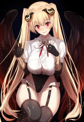 Rule 34 | 1girl, :d, black background, black gloves, black leotard, black thighhighs, black wings, blonde hair, blush, bracer, breasts, button gap, cleavage, demon girl, demon horns, elbow gloves, feathered wings, garter straps, gloves, gradient wings, groin, hand on own chest, highleg, highleg leotard, highres, horns, large breasts, leotard, long hair, looking at viewer, multicolored wings, open mouth, original, red eyes, short sleeves, simple background, smile, solo, thigh gap, thighhighs, twintails, untue, very long hair, wings