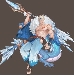Rule 34 | 1boy, abs, armband, bara, bare pectorals, belt, biceps, blonde hair, blue eyes, dragon, ear piercing, earrings, gauntlets, grancy (gyee), gyee, hakama, ice, japanese clothes, jewelry, kimono, looking to the side, male focus, muscular, muscular male, nipples, no male underwear, official art, pectorals, piercing, polearm, sandals, solo, spear, tattoo, transparent background, weapon, yukata