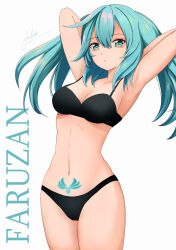 Rule 34 | 1girl, absurdres, anemo symbol (genshin impact), aoikito lavender086, aqua eyes, aqua hair, armpits, arms behind head, arms up, bags under eyes, black bra, black panties, bra, breasts, character name, cleavage, commentary, cowboy shot, faruzan (genshin impact), genshin impact, hair between eyes, highres, long hair, looking at viewer, medium breasts, navel, panties, simple background, solo, standing, stomach, thighs, twintails, underwear, underwear only, white background