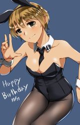 Rule 34 | 1girl, animal ears, between breasts, birthday, black leotard, black necktie, black pantyhose, blue background, blush, brave witches, breasts, brown eyes, brown hair, cleavage, closed mouth, collarbone, covered navel, fake animal ears, groin, happy birthday, highres, hiroshi (hunter-of-kct), large breasts, leotard, looking at viewer, necktie, necktie between breasts, pantyhose, playboy bunny, rabbit ears, shiny skin, short hair, simple background, smile, solo, waltrud krupinski, world witches series