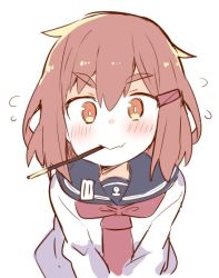 Rule 34 | 1girl, blush, brown eyes, brown hair, food, food in mouth, hair ornament, hairclip, ikazuchi (kancolle), kantai collection, looking at viewer, nanateru, pocky, pocky day, school uniform, serafuku, short hair, simple background, solo, upper body, white background