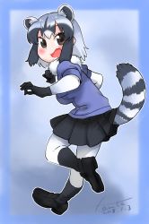 Rule 34 | 10s, 1girl, animal ears, artist name, black bow, black bowtie, black footwear, black gloves, black skirt, black socks, blue shirt, bodystocking, bow, bowtie, commentary, common raccoon (kemono friends), dated, extra ears, fang, fanta (the banana pistols), from behind, full body, fur collar, gloves, grey hair, highres, kemono friends, leg up, loafers, looking at viewer, looking back, miniskirt, multicolored hair, open mouth, pleated skirt, raccoon ears, raccoon tail, shirt, shoes, short hair, short sleeves, skirt, smile, socks, solo, standing, standing on one leg, striped tail, tail