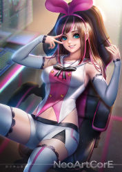 Rule 34 | arm warmers, bad id, bad pixiv id, blue eyes, bow, breasts, hairband, keyboard, kizuna ai, kizuna ai inc., lace, lace-trimmed legwear, lace-trimmed sleeves, lace trim, large breasts, looking at viewer, multicolored hair, neoartcore, patreon username, pink bow, pink hairband, pink ribbon, ribbon, sailor collar, shirt, short shorts, shorts, sitting, sleeveless, sleeveless shirt, smile, solo, streaked hair, swept bangs, thighhighs, two-tone hair, v, v over eye, virtual youtuber, watermark, white sailor collar, white shorts, white thighhighs