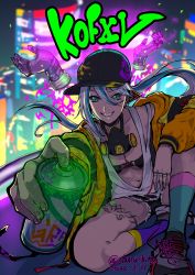 Rule 34 | 1girl, absurdres, baseball cap, blue hair, breasts, choker, city, cleavage, dark-skinned female, dark skin, disembodied limb, earrings, green eyes, hat, highres, isla (kof), jacket, jewelry, kurogane naoto (churushiko), leg tattoo, light blue hair, long hair, looking at viewer, mask, mask around neck, multicolored hair, night, oversized clothes, ponytail, respirator, solo, tattoo, the king of fighters, the king of fighters xv