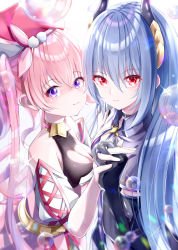 Rule 34 | 2girls, absurdres, bare shoulders, black gloves, blue hair, blush, breasts, bubble, cleavage, closed mouth, clothing cutout, demon horns, gloves, hair between eyes, hands up, hat, highres, horns, large breasts, long hair, looking at viewer, medium breasts, multiple girls, pink hair, princess connect!, purple eyes, red eyes, rei (princess connect!), smile, takemura kou, tsumugi (princess connect!), twintails