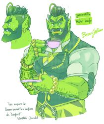 Rule 34 | 1boy, arm hair, austero vocifer (beaugilliam), bara, bead bracelet, beads, beard, beaugilliam, bracelet, colored skin, cropped torso, cup, facial hair, frown, green skin, green vest, hairy, highres, holding, holding cup, horns, jewelry, language request, large pectorals, looking ahead, male focus, mature male, monster boy, multiple rings, muscular, muscular male, mustache, oni horns, orc, original, pectorals, pointy ears, pompadour, profile, ring, short hair, tattoo, teacup, thick eyebrows, thick mustache, tight clothes, tusks, vest