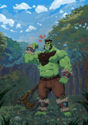 Rule 34 | 1boy, abs, armpit hair, armpit hair peek, axe, bara, barefoot, battle axe, beard, body fur, colored skin, facial hair, fantasy, flexing, forest, full beard, full body, green skin, happy aura, large pectorals, leather, male focus, mature male, monster boy, muscular, muscular male, nature, navel, nipples, orc, original, pectorals, planted, pointy ears, solo, sparse arm hair, standing, stomach, strongman waist, taoren, thick beard, thick chest hair, thick eyebrows, topless male, tree, tusks, weapon