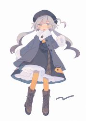 Rule 34 | 1girl, ahoge, beret, boots, brown footwear, cross-laced footwear, d:, daizu (melon-lemon), full body, grey background, grey hair, hat, highres, jitome, long hair, long sleeves, looking at viewer, low twintails, multicolored eyes, no nose, open mouth, original, simple background, solo, twintails, yellow legwear