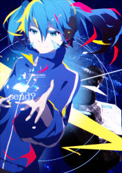 Rule 34 | 1boy, 1girl, absurdres, back-to-back, black hair, blue background, blue eyes, blue hair, blue theme, chair, ene (kagerou project), english text, headphones, highres, jersey, kagerou project, kisaragi shintarou, pine (yellowpine112), short hair, sitting, smile, tsukun112, twintails