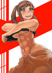 Rule 34 | 1girl, 6-knocks, abs, absurdres, black shirt, blush, breasts, clothes lift, embarrassed, en&#039;en no shouboutai, groin, highres, large breasts, looking at viewer, maki oze, muscular, muscular female, navel, open mouth, ponytail, purple eyes, shirt, shirt lift, stomach, sweat, tank top, underboob, undressing