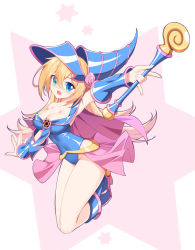 Rule 34 | 1girl, :d, bare shoulders, blonde hair, blue eyes, blue footwear, blue leotard, blush, boots, breasts, cleavage, collarbone, commentary request, dark magician girl, detached sleeves, duel monster, green eyes, hair between eyes, hat, highres, holding, holding staff, large breasts, leotard, long hair, looking at viewer, open mouth, pentacle, rx7649, smile, solo, staff, wizard hat, yu-gi-oh!