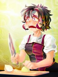 Rule 34 | 1girl, amoretta (yukiman), apron, black apron, black hair, brown eyes, commentary request, crying, crying with eyes open, curled fingers, cutting board, cutting onions, hair between eyes, highres, holding, holding knife, knife, multicolored hair, onion, open mouth, original, red hair, shirt, short hair, short sleeves, solo, tears, teeth, two-tone hair, upper body, virtual youtuber, white shirt, yellow background, yukiman
