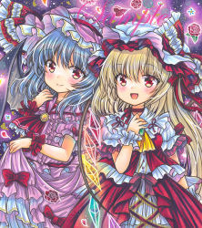 Rule 34 | 2girls, :d, ascot, bat wings, black wings, blonde hair, blue hair, breasts, brooch, center frills, closed mouth, cowboy shot, crystal, flandre scarlet, flower, frilled ribbon, frilled shirt collar, frills, green brooch, hair between eyes, hat, hat ribbon, jewelry, light blue hair, long hair, looking at viewer, marker (medium), medium hair, mob cap, multiple girls, neck ribbon, open mouth, pink headwear, pink shirt, pink skirt, puffy short sleeves, puffy sleeves, purple background, rainbow order, red ascot, red eyes, red flower, red ribbon, red rose, red skirt, red vest, remilia scarlet, ribbon, rose, rui (sugar3), sample watermark, shirt, short sleeves, siblings, sisters, skirt, skirt hold, small breasts, smile, touhou, traditional media, vest, watermark, white shirt, wings, wrist cuffs, yellow ascot, yellow brooch