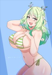 Rule 34 | 1girl, antlers, bikini, blue background, breasts, ceres fauna, cleavage, covered erect nipples, flower, green bikini, green hair, hair flower, hair ornament, hand in own hair, hand on own chest, hand up, highres, hololive, hololive english, horns, large breasts, long hair, looking at viewer, multicolored bikini, multicolored clothes, myumi, navel, nipples, open mouth, shiny skin, side-tie bikini bottom, simple background, smile, solo, striped bikini, striped clothes, swimsuit, vertical-striped bikini, vertical-striped clothes, virtual youtuber, white bikini, yellow eyes