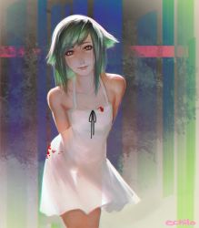 Rule 34 | 1girl, arms behind back, artist name, blood, blood on clothes, bloody clothes, bloody dress, dress, echilo, freckles, green eyes, green hair, hair flaps, highres, looking at viewer, matching hair/eyes, open mouth, parted lips, realistic, saya (saya no uta), saya no uta, see-through, see-through silhouette, smile, solo, sundress, thigh gap, white dress