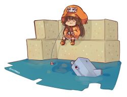 Rule 34 | 1girl, brown hair, closed mouth, dolphin, dolphin (minecraft), fishing, fishing rod, guilty gear, hat ornament, highres, holding, holding fishing rod, jacket, long hair, may (guilty gear), mil17459623, minecraft, orange jacket, sand, sitting, skull and crossbones, skull hat ornament, smile, solo, water