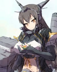 Rule 34 | 1girl, alchera, black gloves, black hair, commentary request, elbow gloves, fingerless gloves, flower, gloves, headgear, kantai collection, long hair, looking down, machinery, nagato (kancolle), nagato kai ni (kancolle), partially fingerless gloves, red eyes, smile, solo, upper body, white background