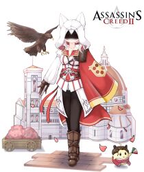 Rule 34 | 1girl, absurdres, alternate costume, assassin&#039;s creed (series), assassin&#039;s creed ii, asymmetrical clothes, azur lane, baisen broson, bird, black pants, breasts, brown gloves, cosplay, eagle, full body, gloves, highres, italian flag, long sleeves, looking at viewer, manjuu (azur lane), medium breasts, pants, puffy sleeves, red eyes, shaded face, solo, white hair, yuudachi (azur lane)