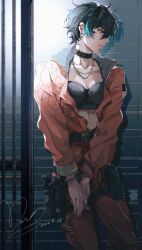 Rule 34 | 1girl, absurdres, belt collar, black bra, black hair, bound, bound wrists, bra, cinnabar (path to nowhere), collar, collarbone, commentary, cowboy shot, cuffs, dated, doo58455, ear piercing, earrings, english commentary, handcuffs, height chart, highres, holstered, jewelry, jumpsuit, linea alba, looking to the side, necklace, orange jumpsuit, parted lips, path to nowhere, piercing, pouch, prison, prison clothes, profile, purple eyes, short hair, signature, solo, spotlight, thigh pouch, thigh strap, toned, triangle earrings, underwear