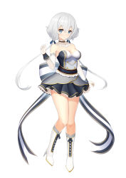 Rule 34 | 1girl, abeen jhong, absurdres, alternate breast size, bare shoulders, blue eyes, boots, breasts, choker, closed mouth, detached collar, dress, elbow gloves, frilled dress, frilled skirt, frills, full body, gloves, grey hair, hair between eyes, high heel boots, high heels, highres, idol, idol clothes, konno junko, long hair, low twintails, medium breasts, short dress, short eyebrows, simple background, skirt, smile, solo, strapless, strapless dress, twintails, very long hair, white background, white footwear, white hair, wrist cuffs, zombie land saga
